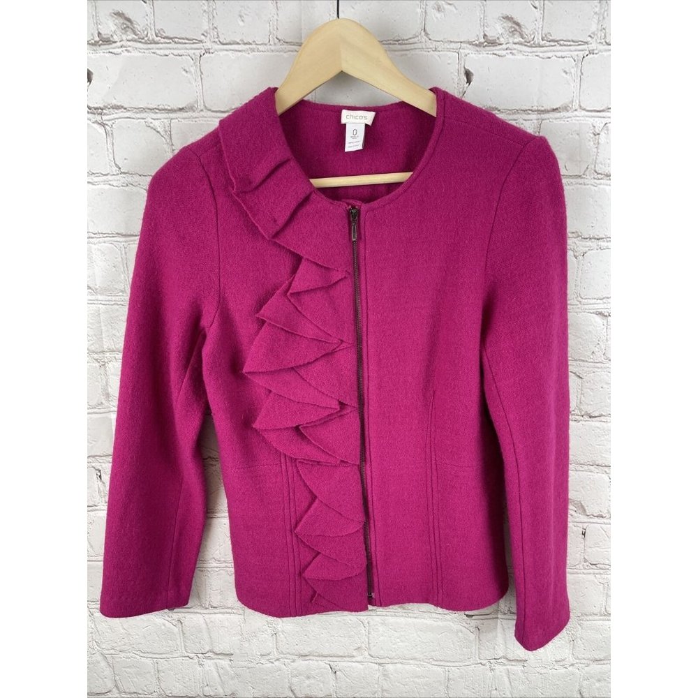 Chicos Size 0 XS Womens Magenta Full Zip Up Ruffle Front 100% Wool Jacket